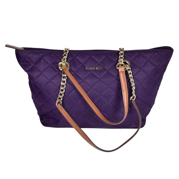 Calvin Klein Quilted Tote Bag Purple Chain Leather Handles Gold Hardware Preppy - Picture 3 of 14